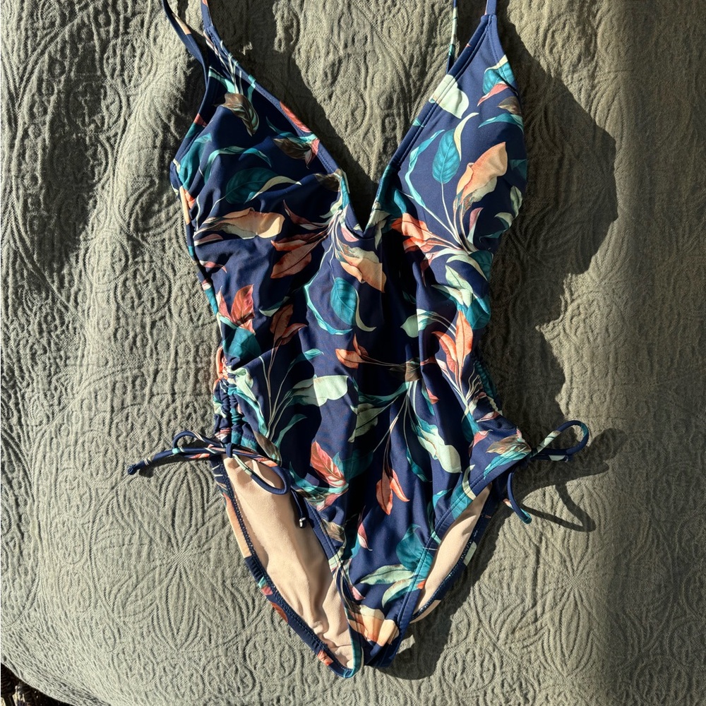 Elegant Floral One Piece Swimsuit - Navy and Teal